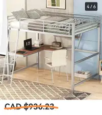 Loft bed with desk, metal frame 