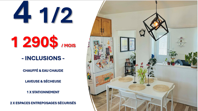 ! 4 1/2 À LOUER – MULTIPLES INCLUSIONS !