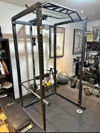 Power Squat Rack w Lat Tower Attachment Safety Chin Up Bar