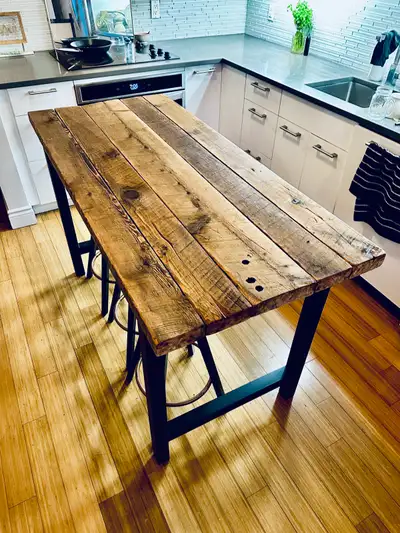 VINTAGE RECLAIMED WOOD KITCHEN ISLAND COUNTER HEIGHT W STOOLS, View more