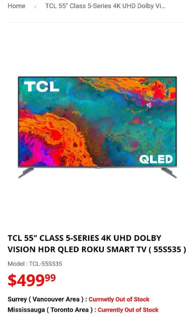 55" TCL QLED 4K ROKU SMART TV ON SALE NOW!$330-$350, View more