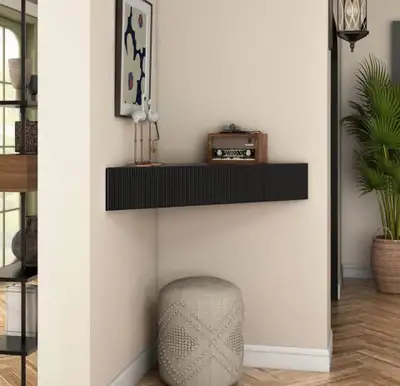Ebern Designs black wood floating corner console, View more
