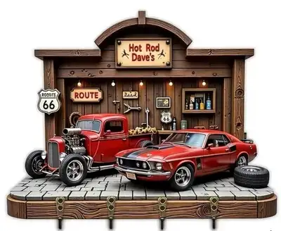 NEW* 2-D FLAT WOODEN PANEL ROUTE 66-HOT ROD KEYCHAIN HOLDE, View more