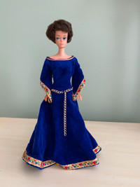 Vintage 1963 Barbie Brunette Bubble Cut wearing Guinevere Dress