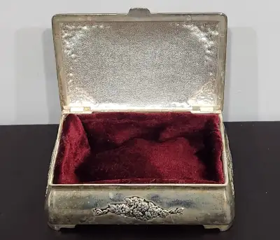 Silver Plated Jewelry Box, Trinket Box, Red Velvet Lining, Design likely Vera Lucino, Great for Boud...