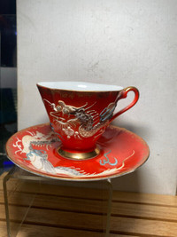 ANTIQUES JAPANESE RED PORCELAIN TEACUP & SAUCER # 4