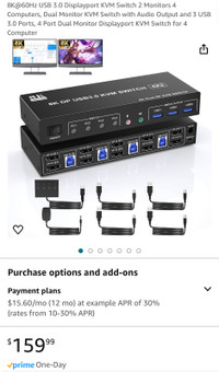 8K@60Hz USB 3.0 Displayport KVM Switch 2 Monitors 4 Computers