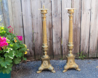 Antique Brass Church Pricket Tall Floor Candle Holder Pair