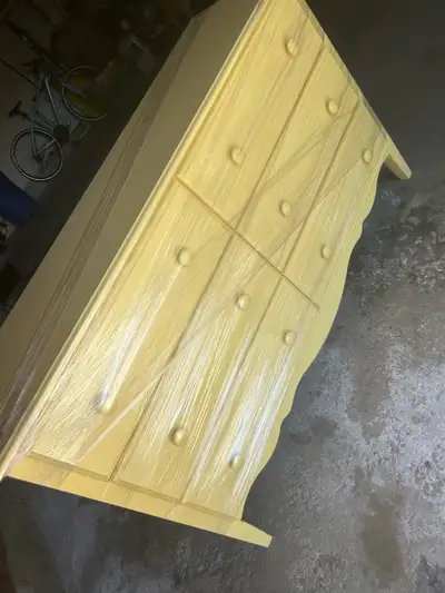 Petene finish. Rich Yellow colour Queen headboard. Footboard. With metal frame. Low boy with mirror...