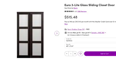 Euro 3-Lite Glass sliding door Sliding closet door. Expresso finish. Size : 48"x78.6" Was bought for...