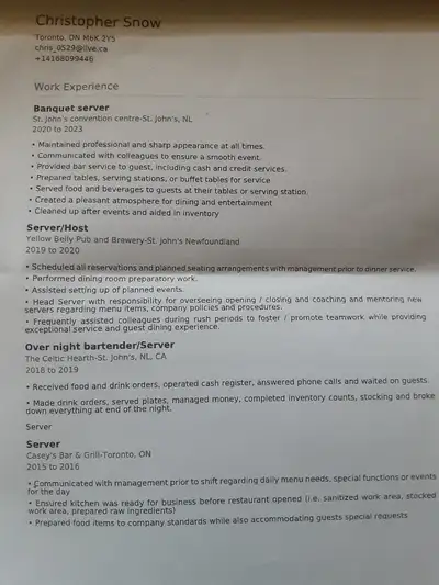 Hi there, My name is Chris and I'm a restaurant server/bartender with over 10 years of experience. I...