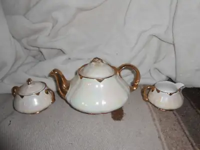 Wood & Sons pearlized tea set with gold trim, View more