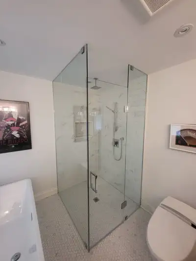 Shower glass enclosure; 2 panels and a door. (Price can be negotiated)