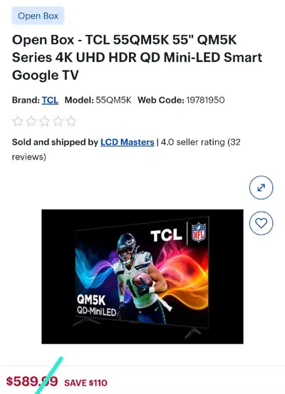 55QM5K TCL 4K QD MINI -LED GOOGLE SMART TV , View more