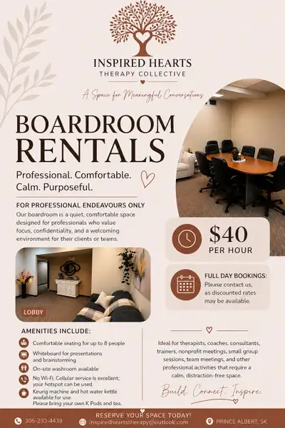 We’re excited to now offer boardroom rentals at Inspired Hearts Therapy Collective. A quiet, comfort...