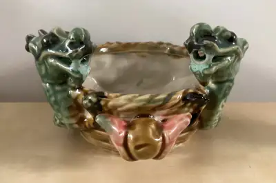 Contemporary Majolica Ceramic Double Dragon Pearl Planter Pot, View more