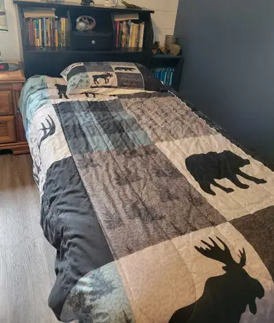 Twin bed frame w/book shelf headboard & 2 drawers, View more