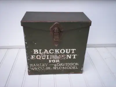 For sale - I have a WW 2 blackout equipment box from a 45 cu, in WLC model Harley - Davidson. The bo...