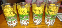 Four Midcentury Yellow, Green & White Patterned Glasses