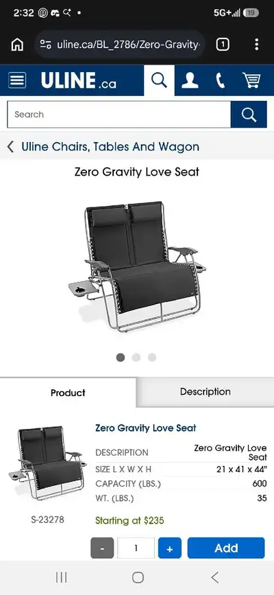 Uline Zero Gravity Love Seat, View more