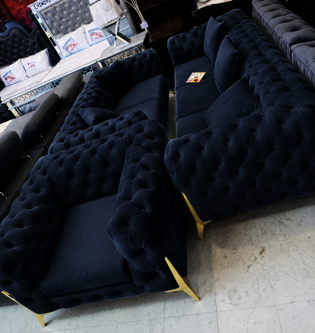 Navy Blue Velvet Chesterfield Sofa Set