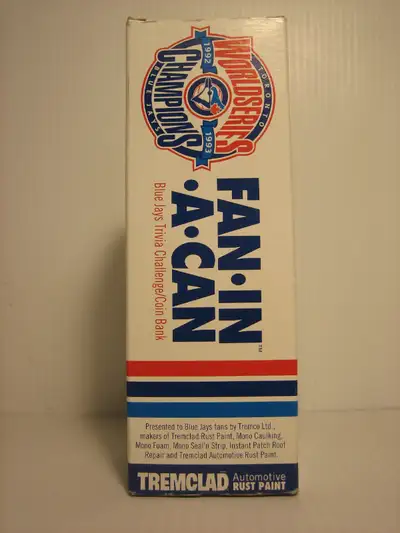 1994 FAN IN A CAN BLUE JAYS TRIVIA CHALLENGE/COIN BANK, View more