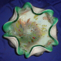 AVEM Murano Glass Bowl Green White Multi Color Speckled Fold Rim