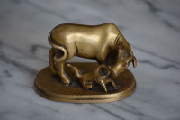 Vintage solid brass mother cow with calf statue heavy piece