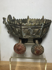 Antique Zoomorphic Cart Wheels Cow Temple Bronze Iron Toy India
