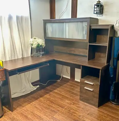 L-shaped desk with hutch, View more
