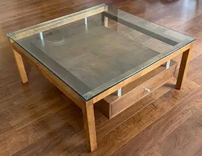 Designer glass, wood, & brushed nickel coffee table, View more