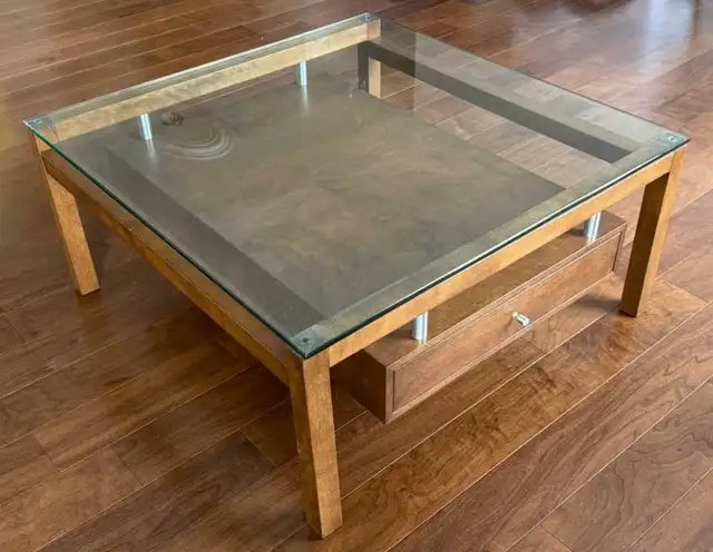 Designer glass, wood, & brushed nickel coffee table in Coffee Tables in Ottawa - Image 2