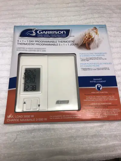 NIB Garrison 7 day programmable thermostat for electric baseboard heater. Max 3000 watts. 120 - 240...