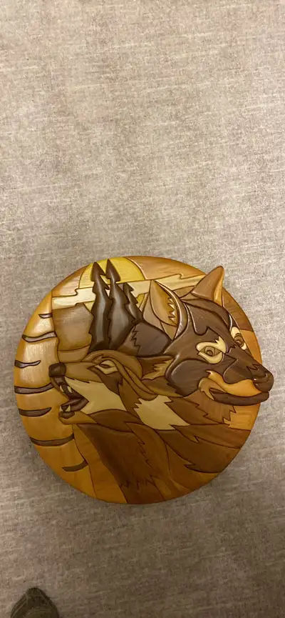 17” Handcrafted,  Wolf Intarsia Wood Art Wall Hanging, View more