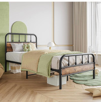 Black Twin Size Bed Frame with Wood Headboard and Footboard,