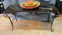 Steel, Wicker and Glass Console Table