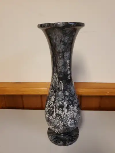 Vintage Large Black Marble Vase Japanese Markings 12x4 Inch