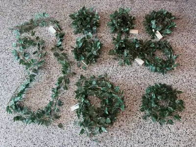 Greenery pieces with fairy lights, 7 shorter length with lights (1 the lights aren’t on but included...