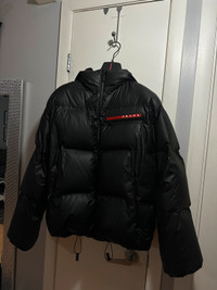 Prada: Black Nylon Hooded Puffer Jacket