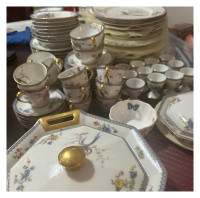 Silverware, China dishes, bronze statue and various figurines