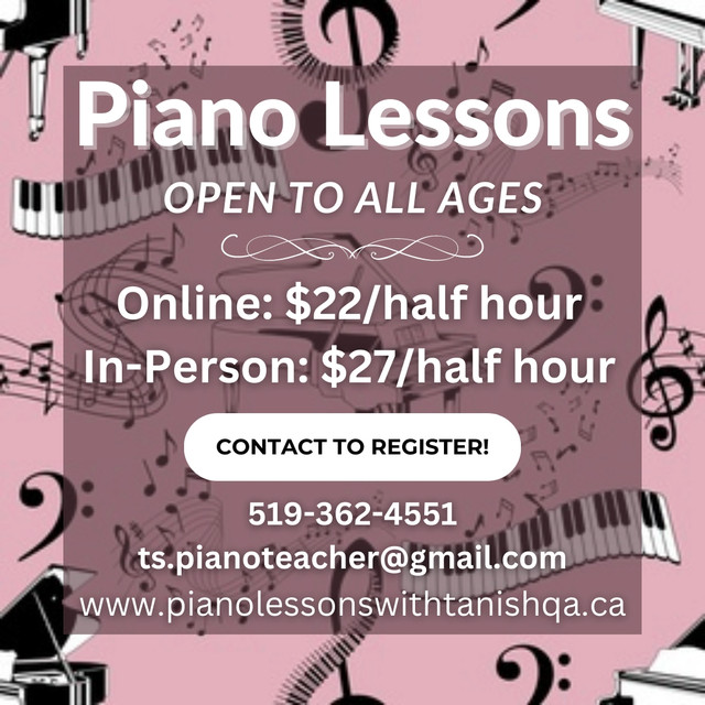 Piano Lessons Online or In Person - RCM Certified Teacher in Pianos & Keyboards in Guelph