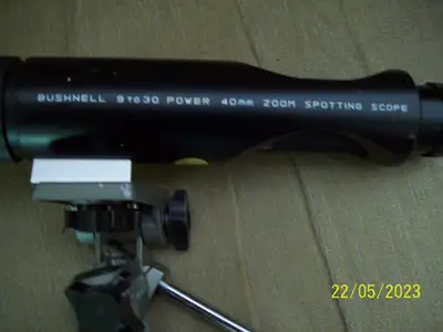 9 X 30 Power with 40 MM lens.with a "Black"s BT-30 TriPod stand which extends to approx 5' high"