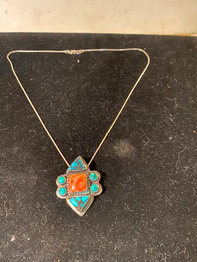 Native Turquoise Stone Sterling Silver Pendant Handmade Marks Incial .