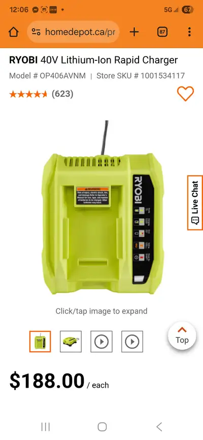 RYOBI 40V Lithium-Ion Rapid ChargerModel # OP406AVNM, View more