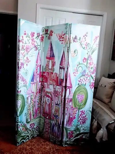 Room Divider Screen 3-Panel Wood-Frame & Vinyl (Princess Castle), View more