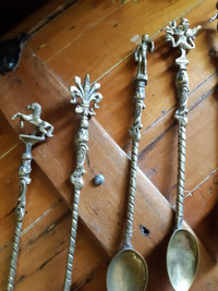 FIRST $65 ~RARE 8 Antique Brass Decorative Demitasse Salt Spoons