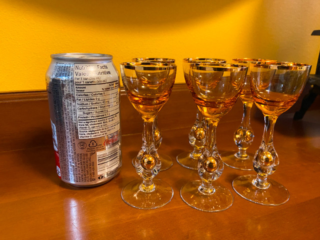 6 Vintage Amber Colored Footed Cordials Glasses Gold Rim Ball in Arts & Collectibles in Oshawa / Durham Region - Image 2