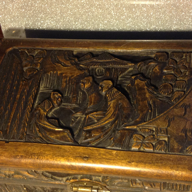 Antique CHINESE Hand Carved Wood Chest Box Peple  and Landscape in Arts & Collectibles in Vancouver