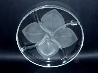 Round Glass Dish with etched leaves : Heavy :Excellent Condition, View more