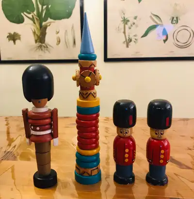 Vintage British themed wooden stacking toys and toy soldiers, View more